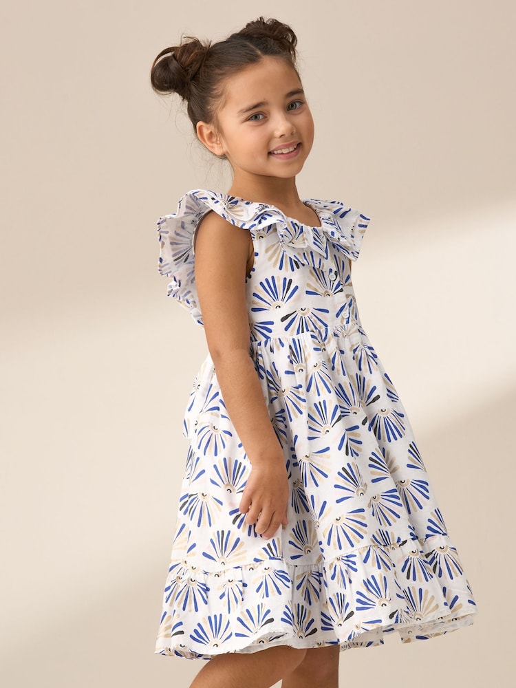 Angel & Rocket Blue Lina Frill Neck Print 100% Cotton Dress - Image 1 of 7