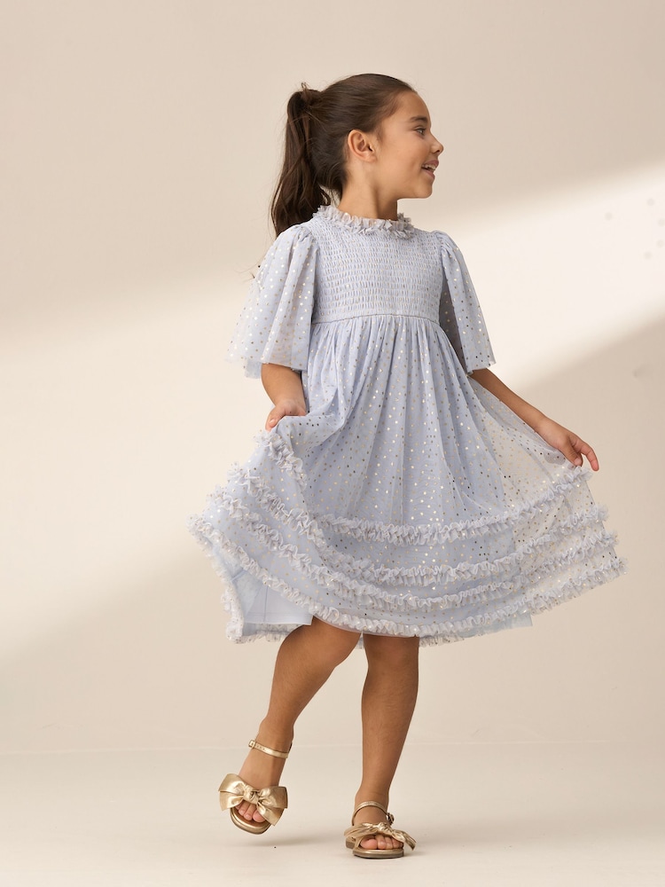 Angel & Rocket Blue Xeni Foil Print Mesh Dress - Image 2 of 8 Angel & Rocket Blue Xeni Foil Print Mesh Dress - Image 2 of 8