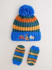 Multi Colour Embroidered Pom Beanie Hat & Mittens 2 Piece Set (3mths-10yrs) - Image 1 of 4