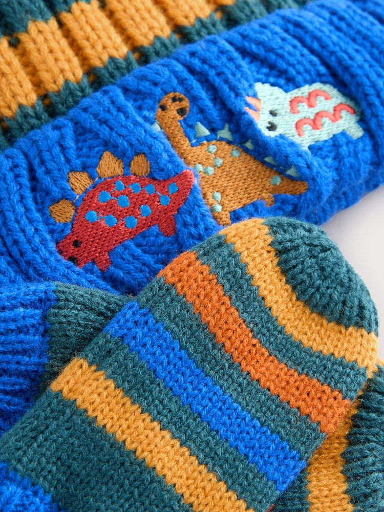 Multi Colour Embroidered Pom Beanie Hat & Mittens 2 Piece Set (3mths-10yrs) - Image 2 of 4