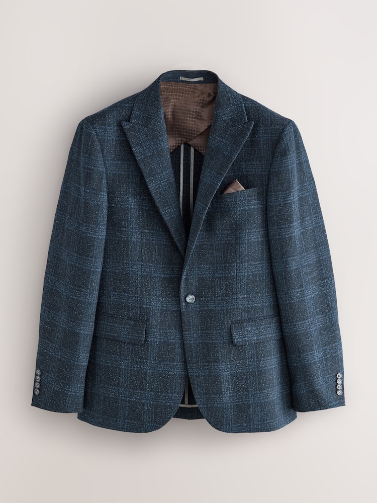 Navy Blue Slim Fit Check Suit Jacket - Image 1 of 12