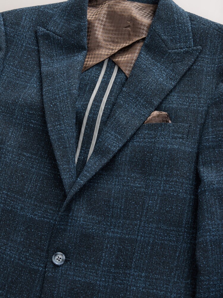 Navy Blue Slim Fit Check Suit Jacket - Image 2 of 12