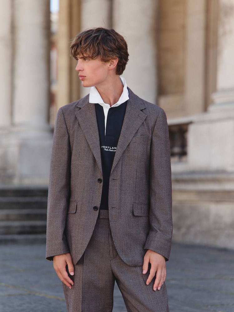 Brown Tailored Fit Wool Blend Puppy Tooth Texture Suit Jacket - Image 1 of 15