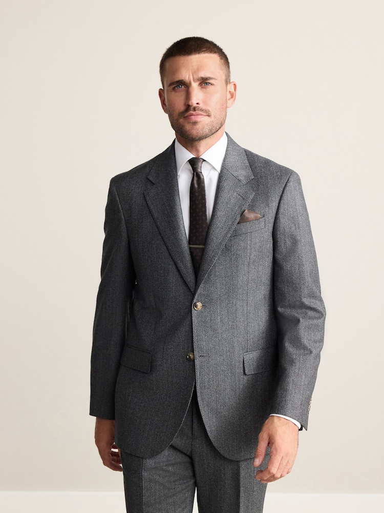 Charcoal Grey Regular Signature Marzotto Herringbone Suit Jacket - Image 1 of 8