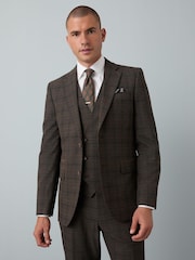 Brown Slim Fit Trimmed Check Suit Jacket - Image 1 of 12