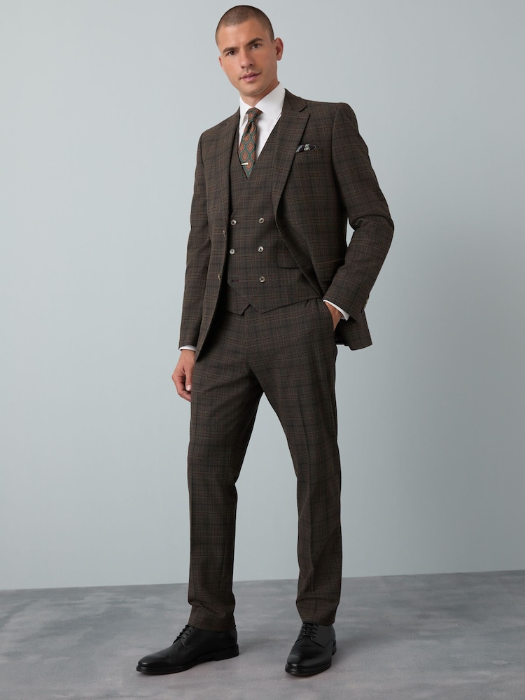 Brown Slim Fit Trimmed Check Suit Jacket - Image 2 of 12