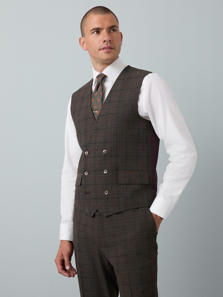 Brown Slim Fit Trimmed Check Suit Waistcoat - Image 1 of 9