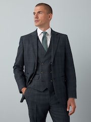 Blue Tailored Fit Trimmed Check Suit Jacket - Image 1 of 11