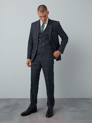 Blue Tailored Fit Trimmed Check Suit Jacket - Image 2 of 11