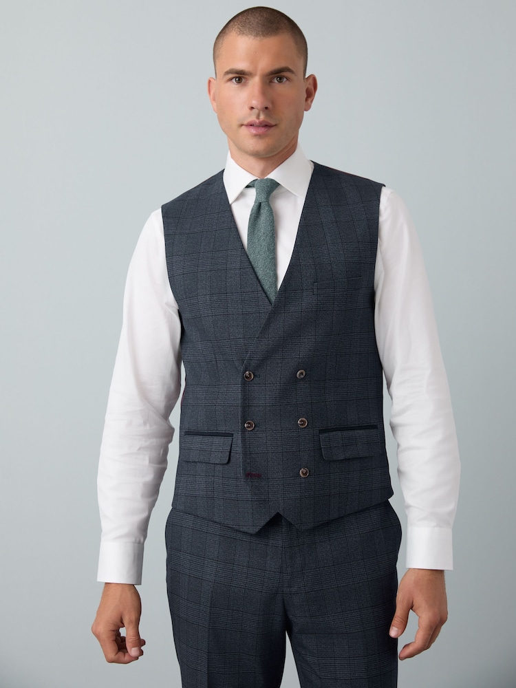 Blue Tailored Fit Trimmed Check Suit Waistcoat - Image 1 of 10 Blue Tailored Fit Trimmed Check Suit Waistcoat - Image 1 of 10