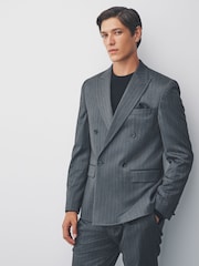 Grey Double Breasted Stripe Suit Jacket - Image 1 of 10