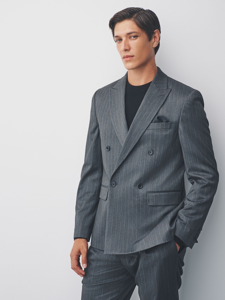 Grey Double Breasted Stripe Suit Jacket - Image 1 of 10