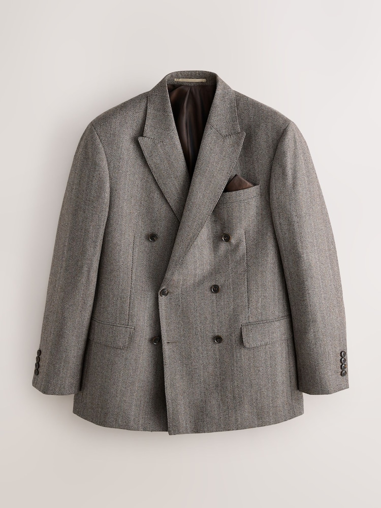 Taupe Double Breasted Signature Marzotto Herringbone Suit Jacket - Image 1 of 5