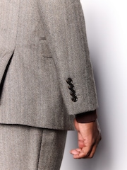 Taupe Brown Double Breasted Signature Marzotto 100% Italian Wool Herringbone Suit Jacket - Image 6 of 11