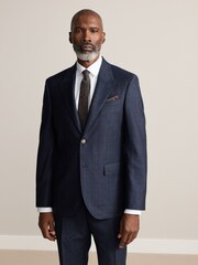 Navy Slim Fit Signature Marzotto 100% Italian Wool Check Suit Jacket - Image 1 of 4
