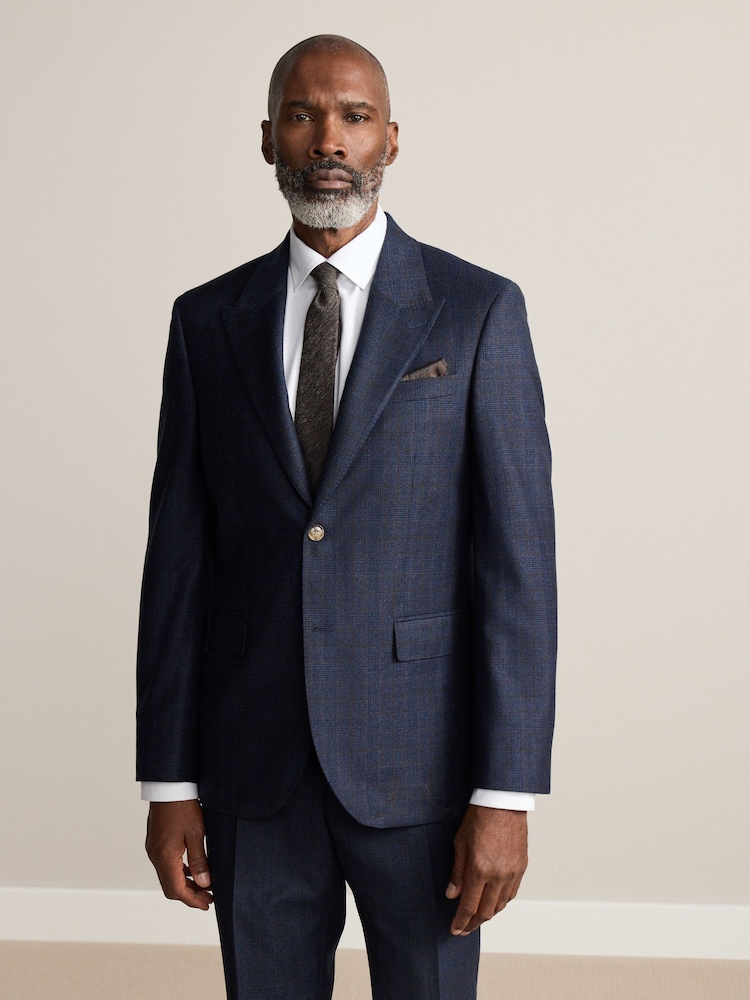 Navy Slim Fit Signature Marzotto 100% Italian Wool Check Suit Jacket - Image 1 of 4