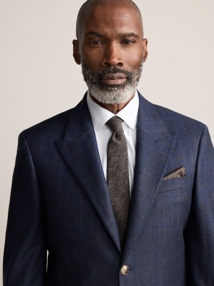 Navy Slim Fit Signature Marzotto 100% Italian Wool Check Suit Jacket - Image 4 of 4