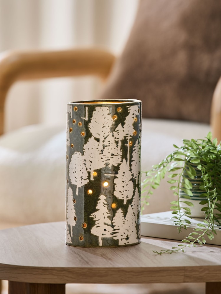 Green Ceramic Embossed Tree Candle Holder Hurricane - Image 1 of 4 Green Ceramic Embossed Tree Candle Holder Hurricane - Image 1 of 4