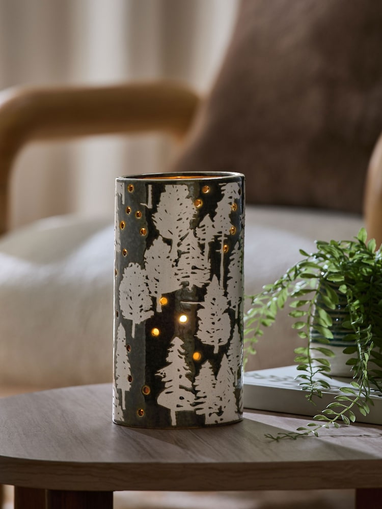 Green Ceramic Embossed Tree Candle Holder Hurricane - Image 2 of 4