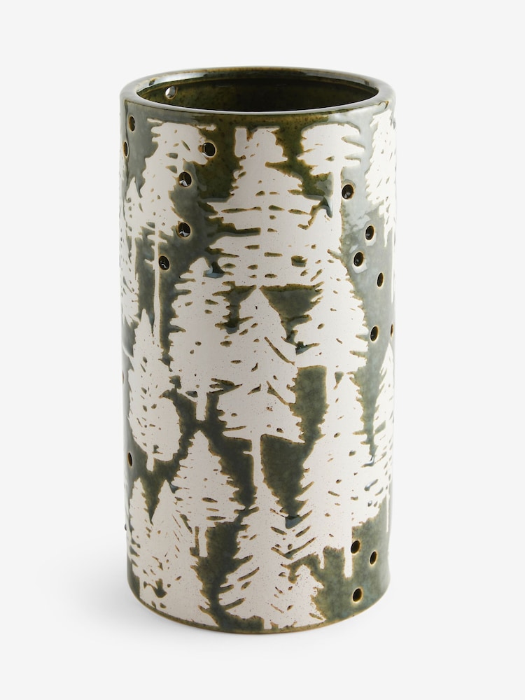 Green Ceramic Embossed Tree Candle Holder Hurricane - Image 4 of 4