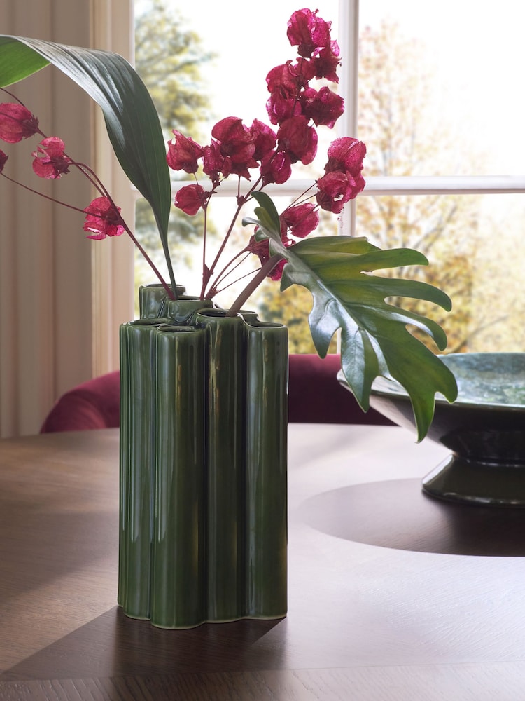 Green Reactive Glaze Tubular Ceramic Vase - Image 1 of 5