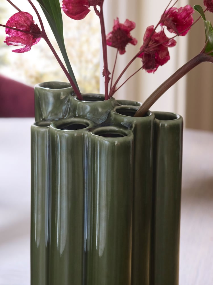 Green Reactive Glaze Tubular Ceramic Vase - Image 2 of 5