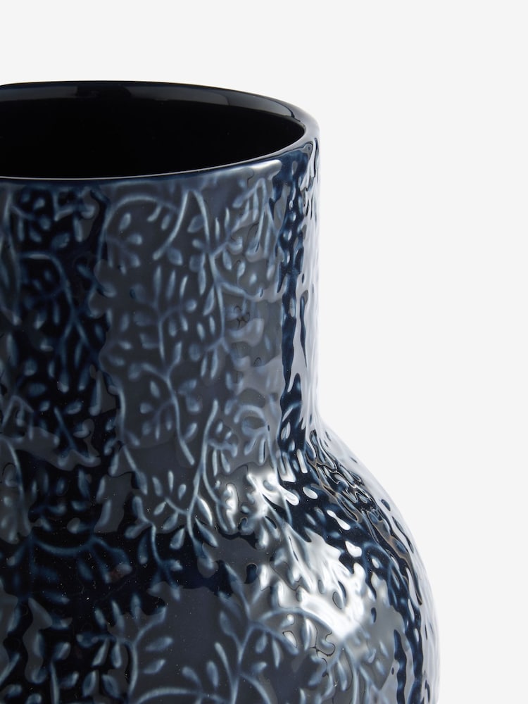 Blue Ceramic Embossed Floral Vase - Image 4 of 4