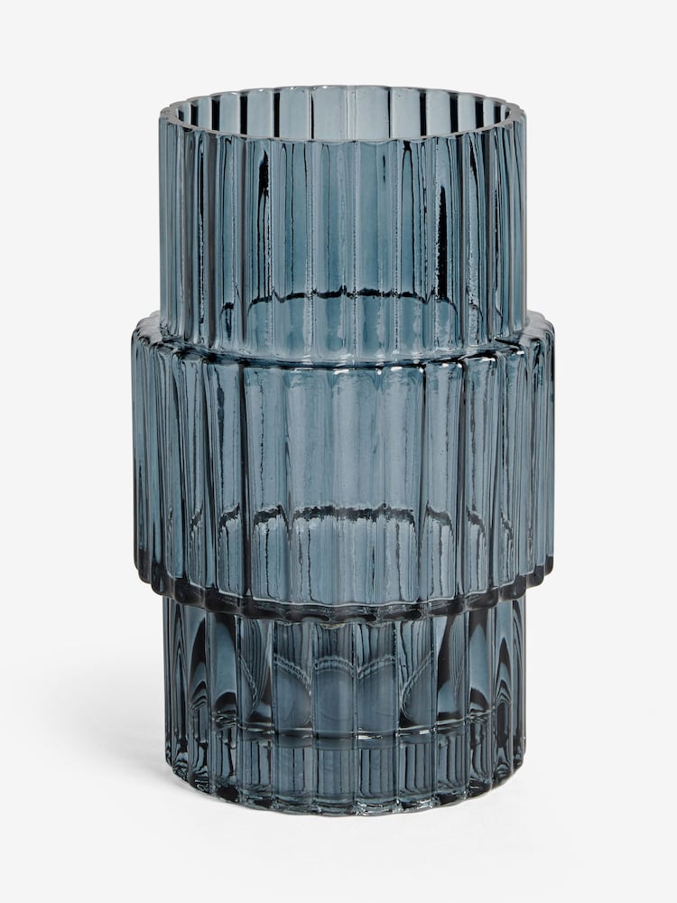 Blue Small Ribbed Glass Vase - Image 3 of 3 Blue Small Ribbed Glass Vase - Image 3 of 3