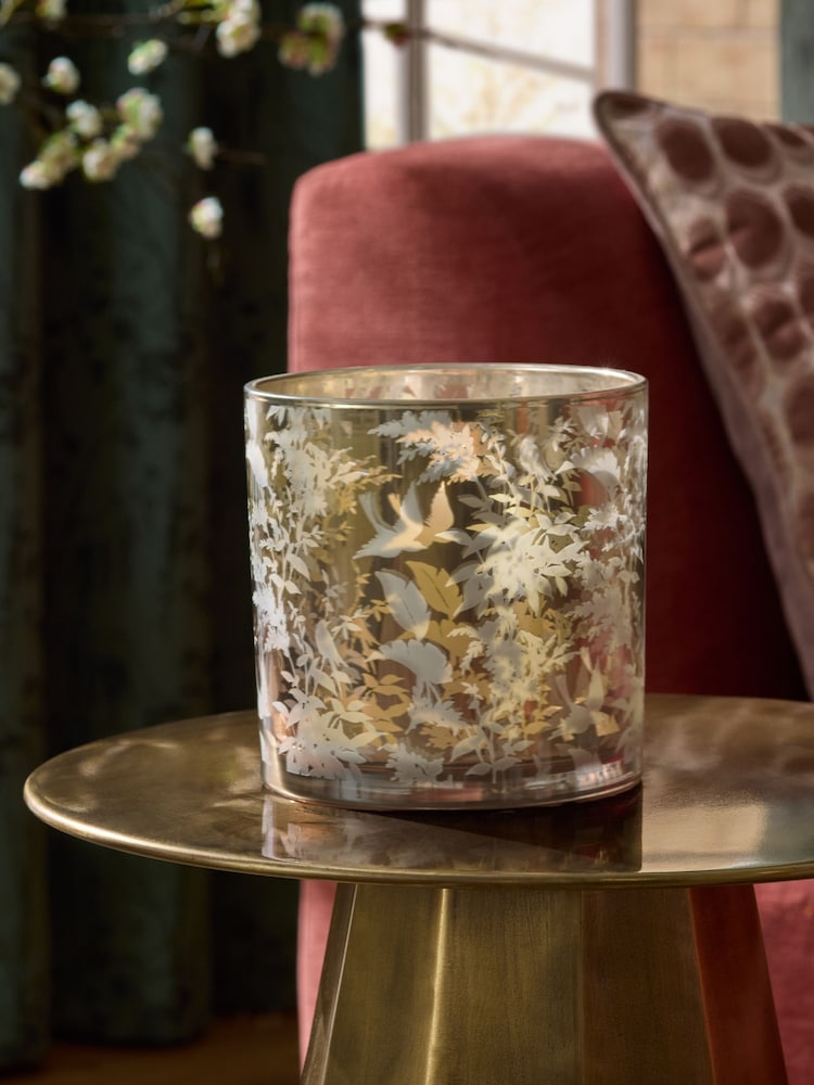 Metallic Gold Botanical Print Glass Hurricane Candle Holder - Image 2 of 4