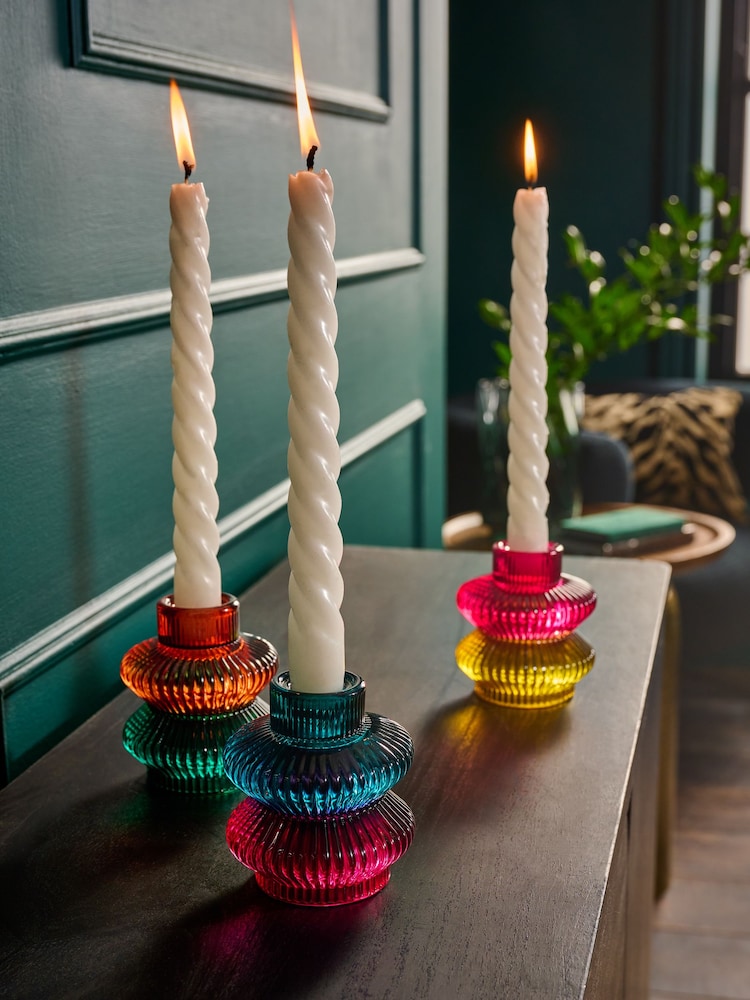 Set of 3 Multicolour Glass Tea Light and Taper Candle Holders - Image 1 of 7