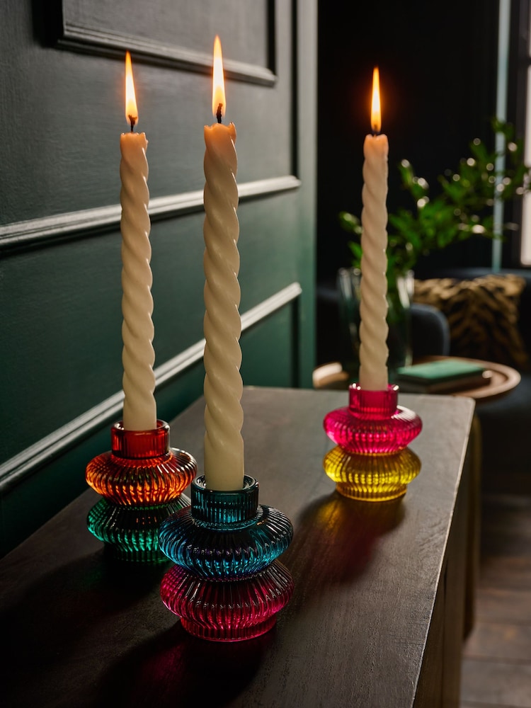 Set of 3 Multicolour Glass Tea Light and Taper Candle Holders - Image 2 of 7