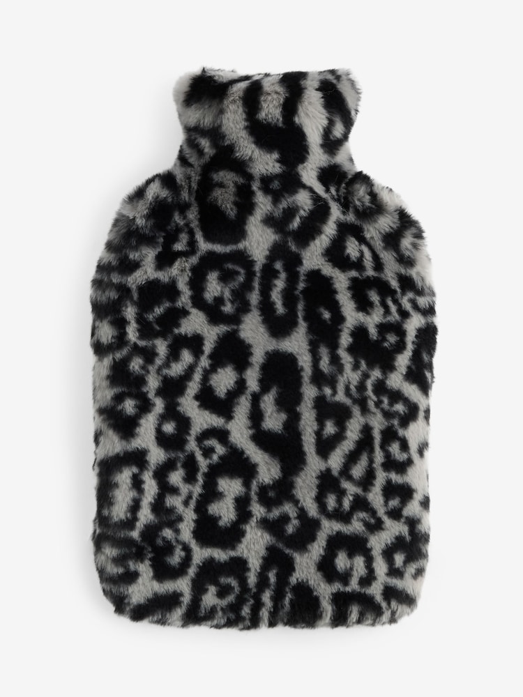 Grey/Black Leopard Faux Fur Hot Water Bottle - Image 1 of 1 Grey/Black Leopard Faux Fur Hot Water Bottle - Image 1 of 1