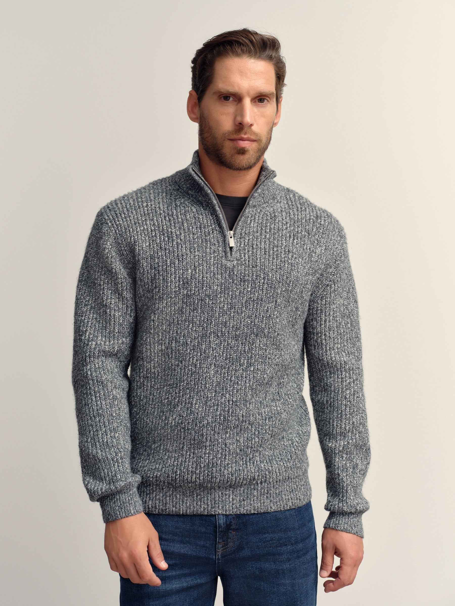 Buy Grey Regular Fit Textured Knit Quarter Zip Neck Jumper with