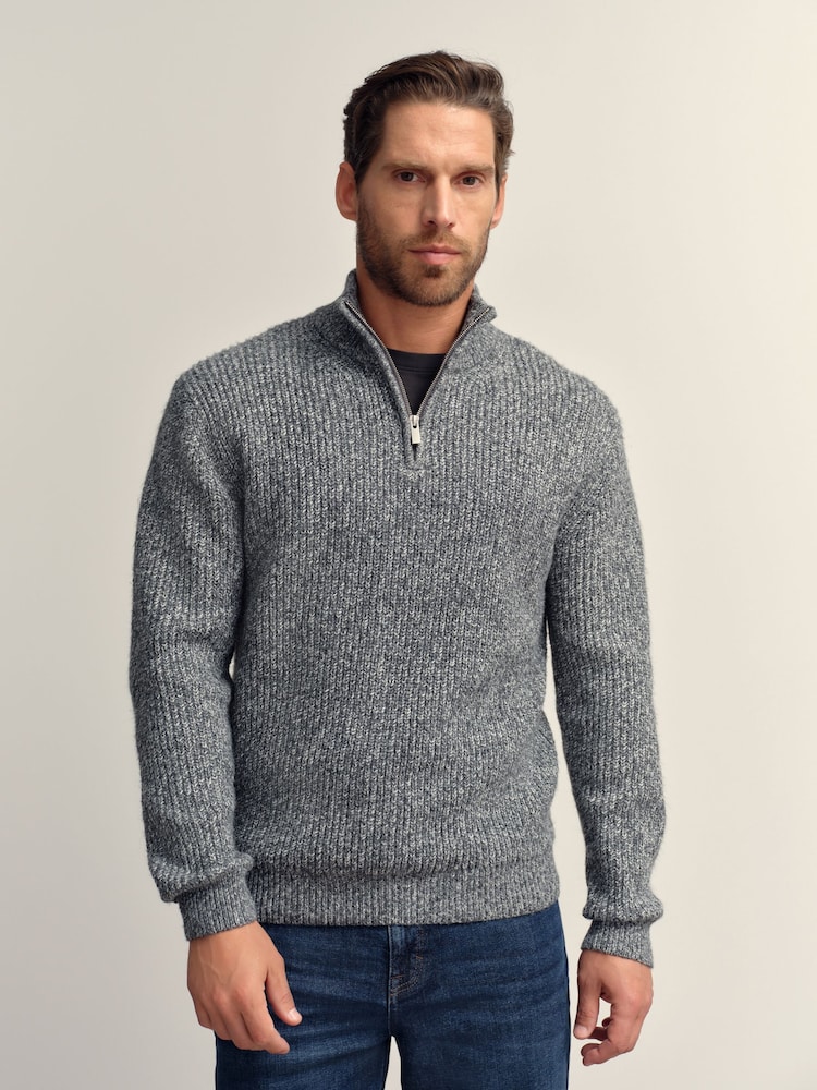 Grey Regular Fit Textured Knit Quarter Zip Neck Jumper - Image 1 of 7