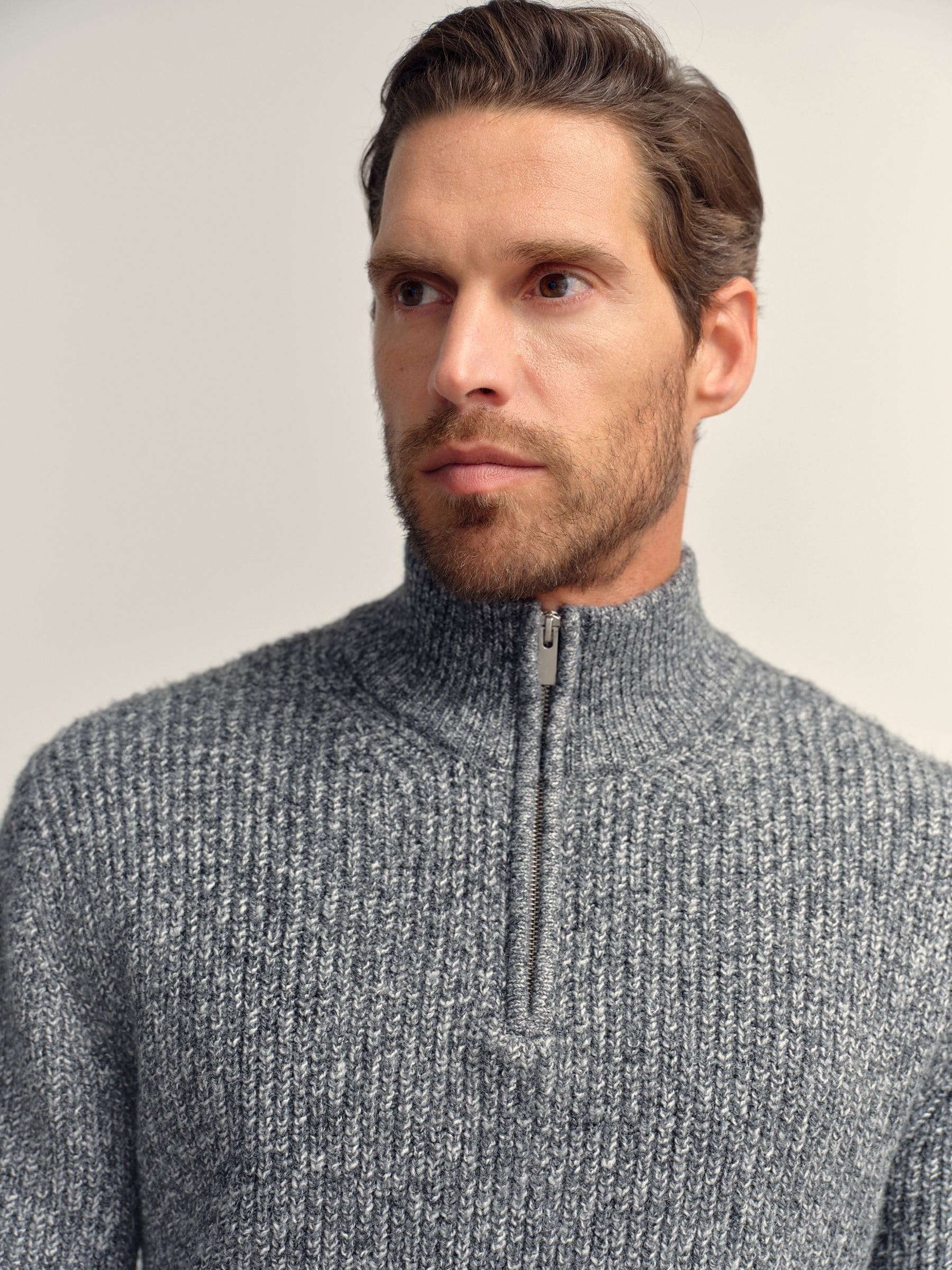 Buy Grey Regular Fit Textured Knit Quarter Zip Neck Jumper with