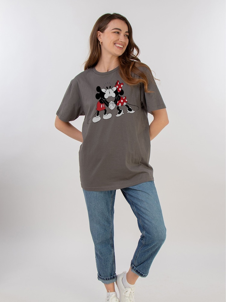 Brands In Grey Women Boyfriend Fit 100% Cotton Disney Minnie And Mickey Kiss T-Shirt - Image 2 of 4