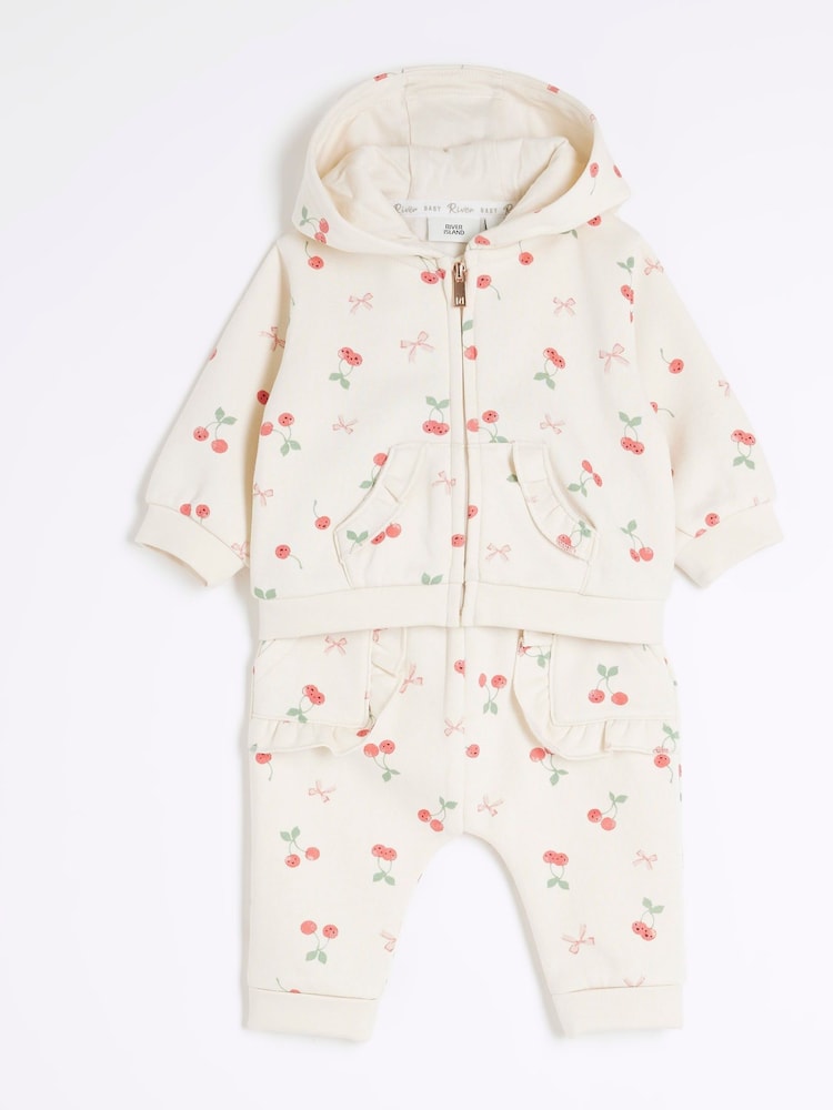 River Island Brown Baby Girls Cherry Zip Hoodie Set - Image 3 of 5
