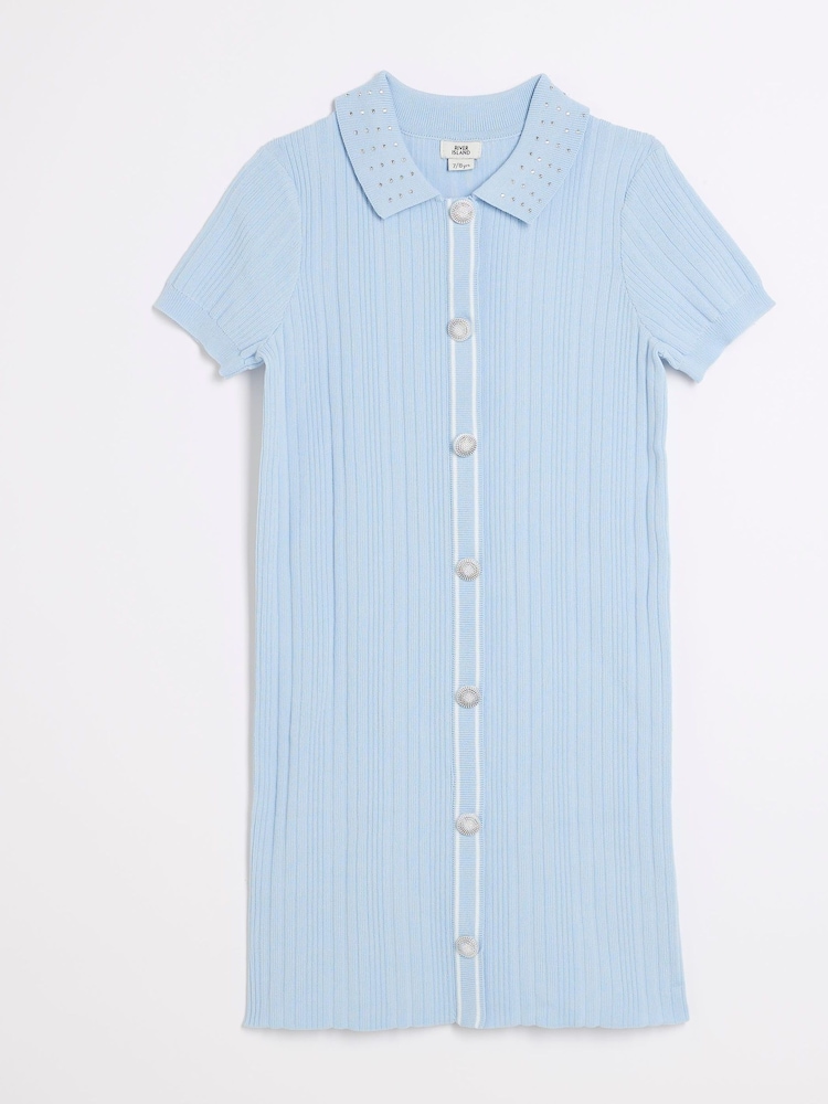 River Island Blue Girls Diamante Collar Polo Dress - Image 1 of 4