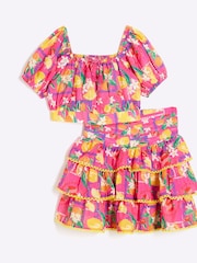 River Island Pink/Yellow Girls Bandana Rara Skirt Set - Image 1 of 4