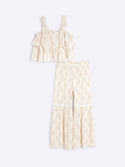 River Island Cream Girls Palm Metallic Trousers Set - Image 1 of 5