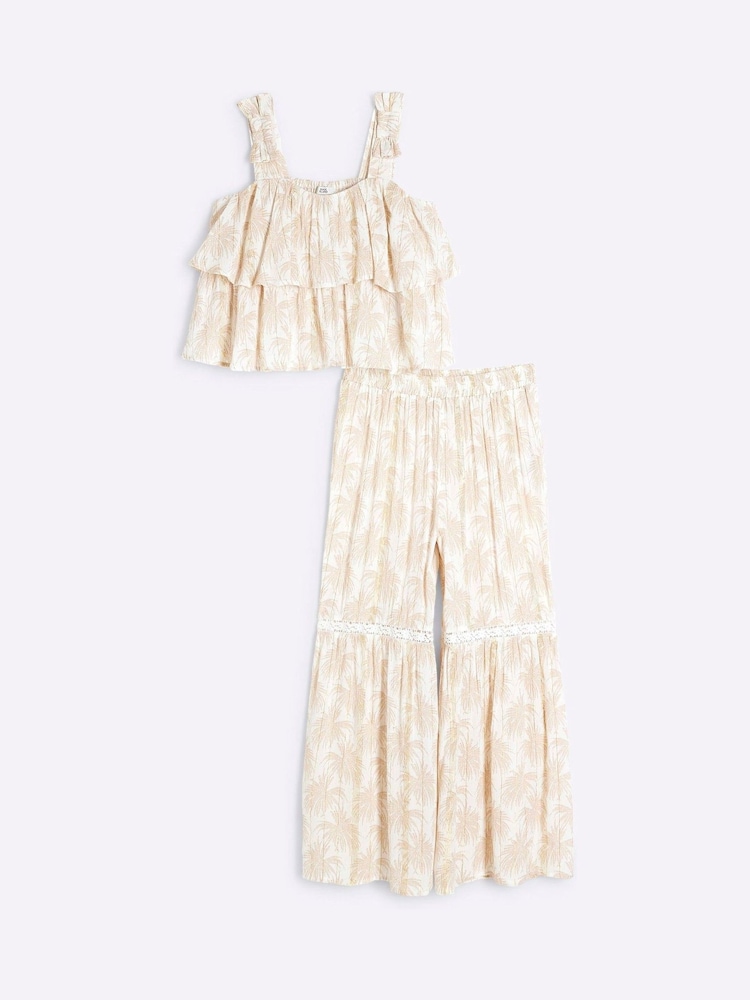 River Island Cream Girls Palm Metallic Trousers Set - Image 1 of 5 River Island Cream Girls Palm Metallic Trousers Set - Image 1 of 5