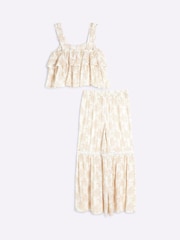 River Island Cream Girls Palm Metallic Trousers Set - Image 2 of 5