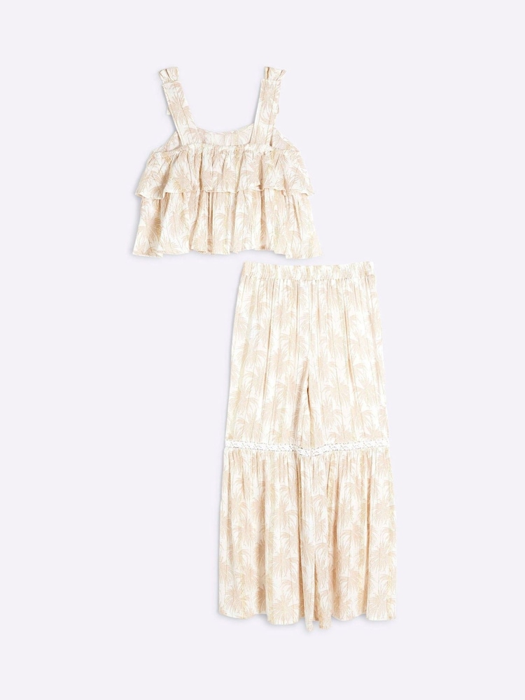 River Island Cream Girls Palm Metallic Trousers Set - Image 2 of 5 River Island Cream Girls Palm Metallic Trousers Set - Image 2 of 5
