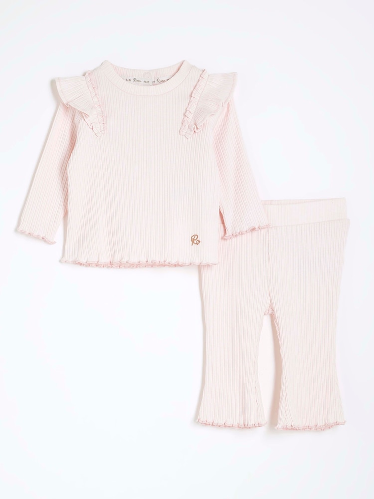 River Island Pink Baby Girls Frill Rib Top Set - Image 1 of 6