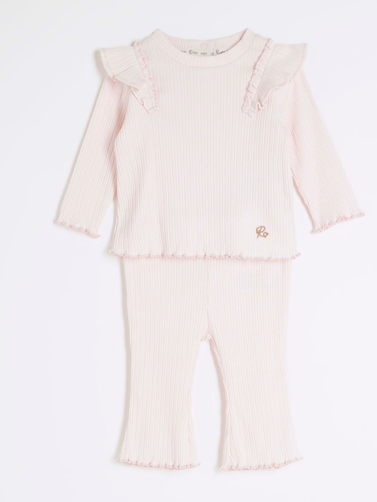 River Island Pink Baby Girls Frill Rib Top Set - Image 6 of 6