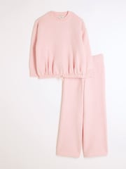 River Island Pink Girls Bubble Hem Wide Leg Trousers Set - Image 1 of 5
