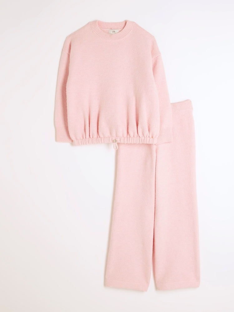 River Island Pink Girls Bubble Hem Wide Leg Trousers Set - Image 1 of 5