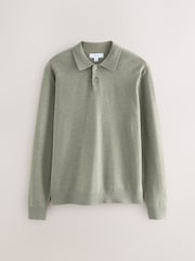 Salbeigrün - Essentielles langärmeliges Strick-Polo-Shirt in normaler Passform - Bild 5 von 7