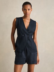 Reiss Navy Whitney Linen Button-Front Waistcoat - Image 1 of 6