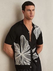 Reiss Black Laurent Flower Embroidered Knit Shirt - Image 1 of 5